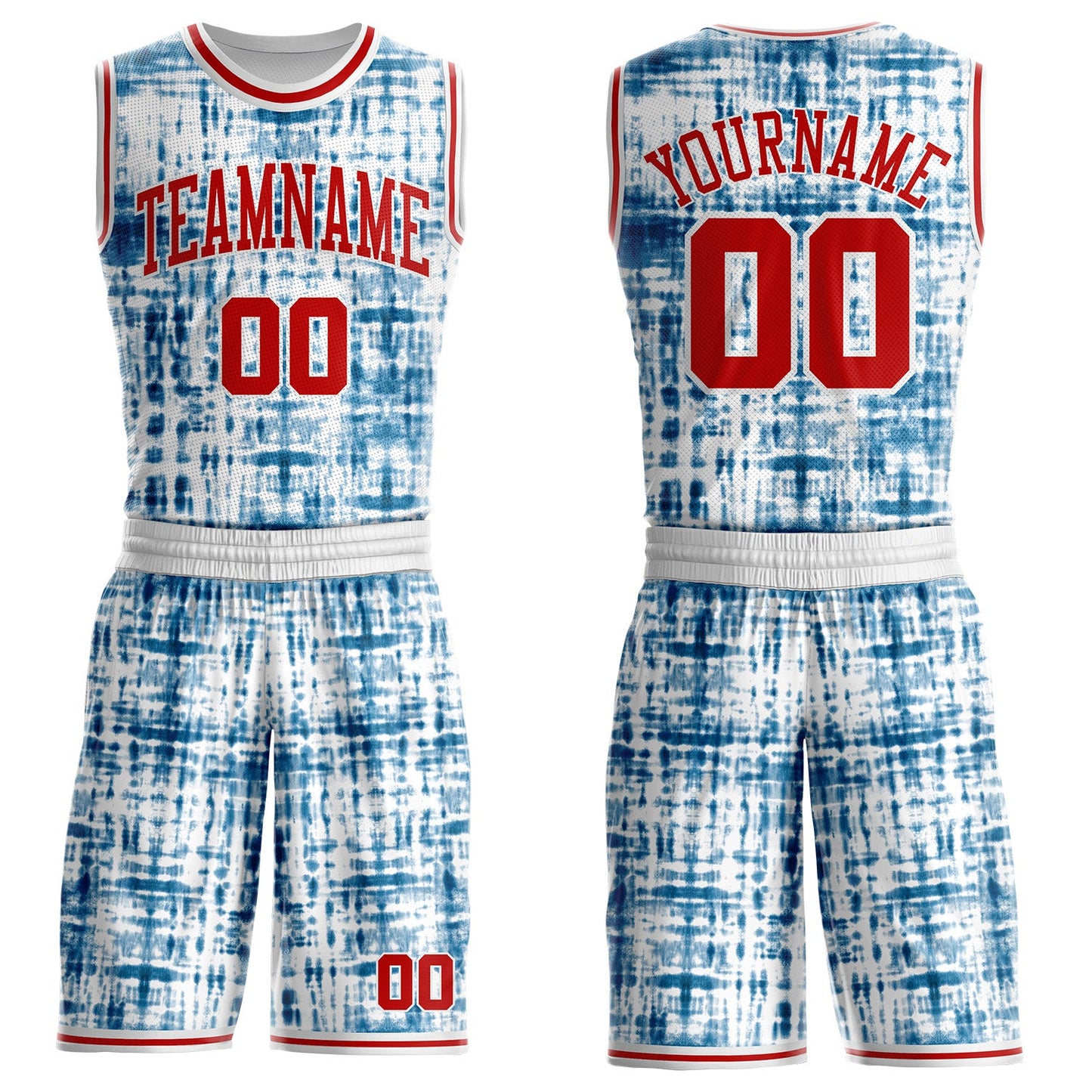Custom Tie Dye Red-White Abstract Grid Round Neck Sublimation Basketball Uniform Jersey - Main View