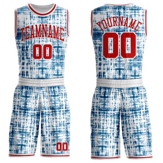Custom Tie Dye Red-White Abstract Grid Round Neck Sublimation Basketball Uniform Jersey - Main View