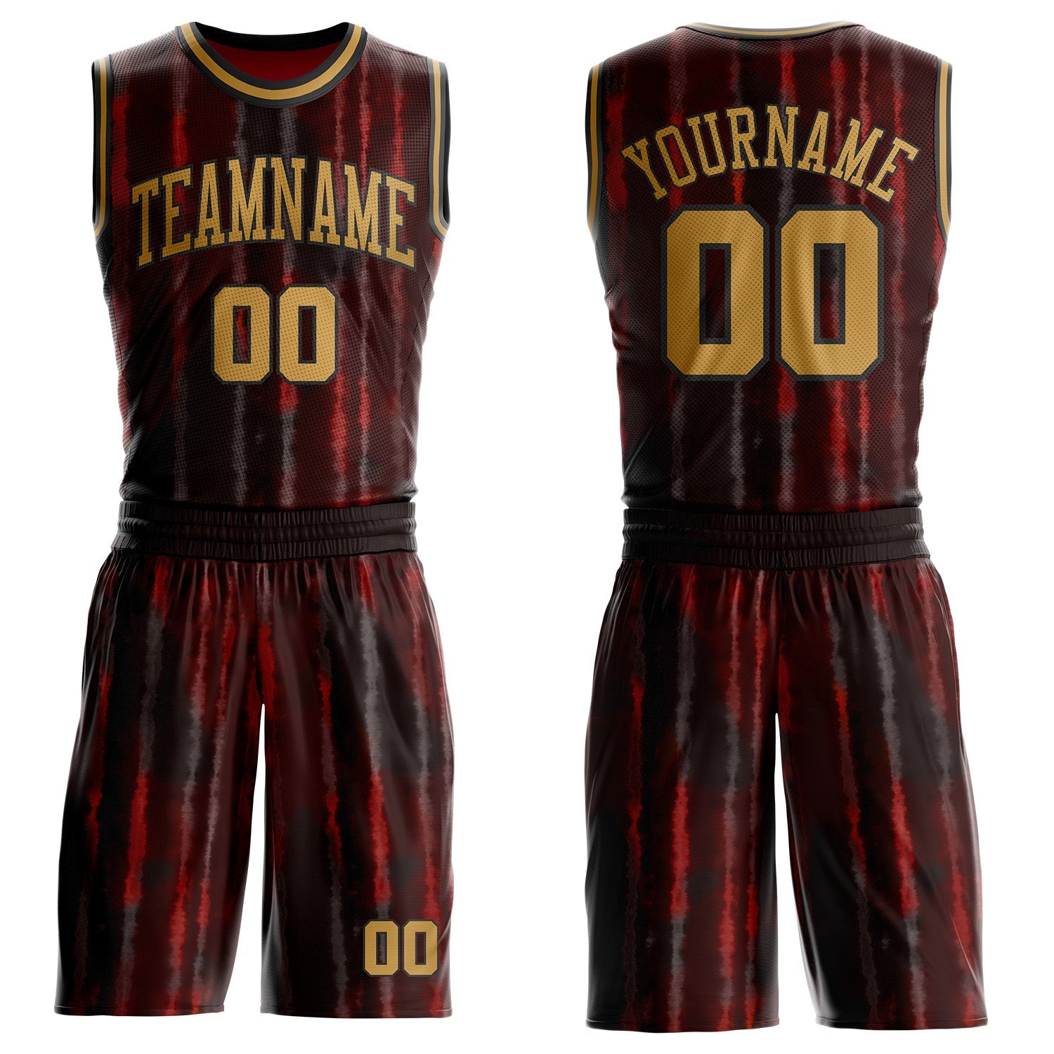 Custom Tie Dye Old Gold-Black Stripe Round Neck Sublimation Basketball Uniform Jersey - Main View