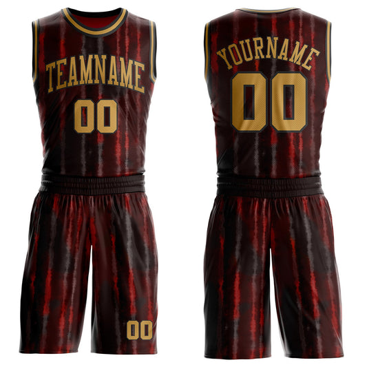Custom Tie Dye Old Gold-Black Stripe Round Neck Sublimation Basketball Uniform Jersey - Main View