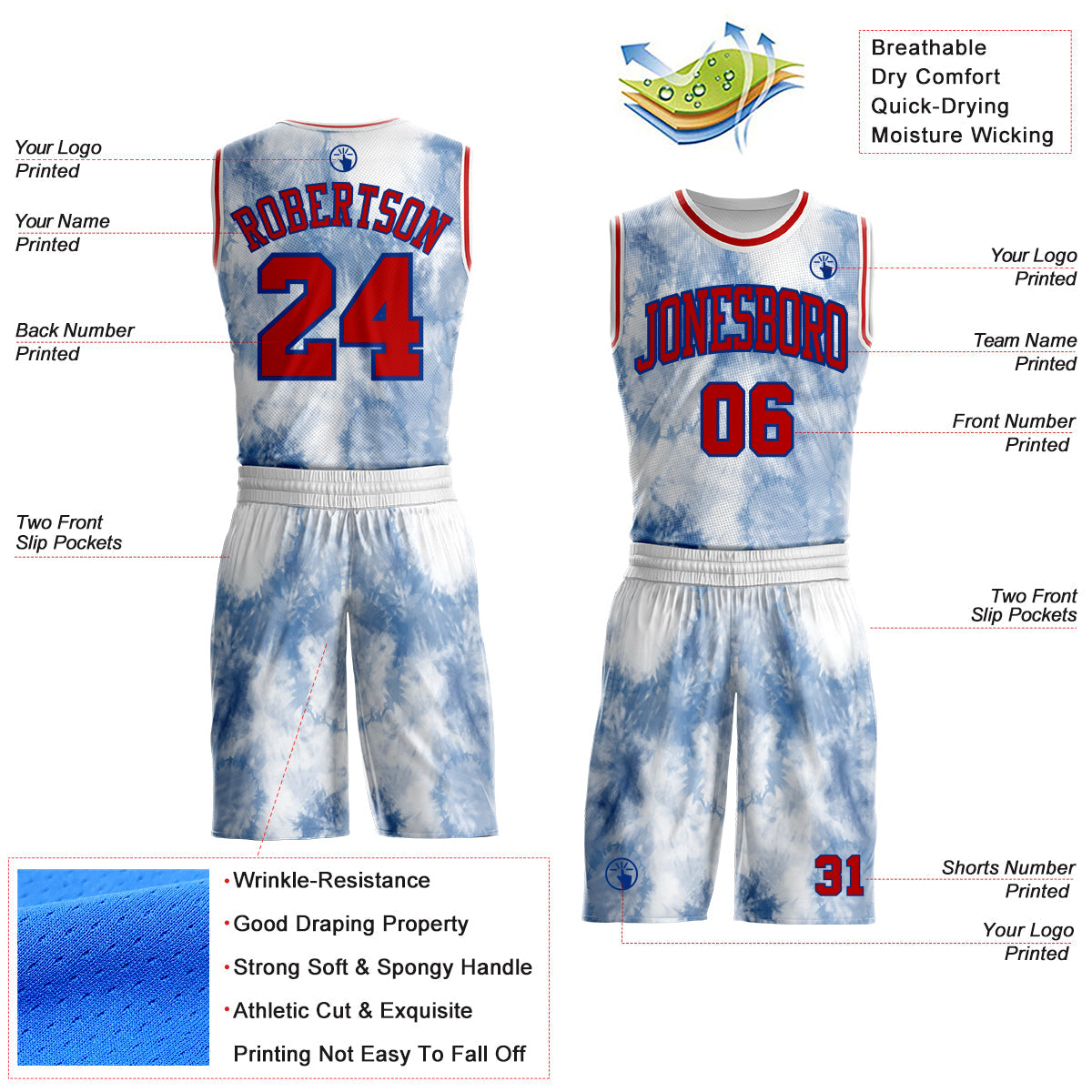 Custom Tie Dye Red Royal-White Watercolor Round Neck Sublimation Basketball Uniform Jersey view 2
