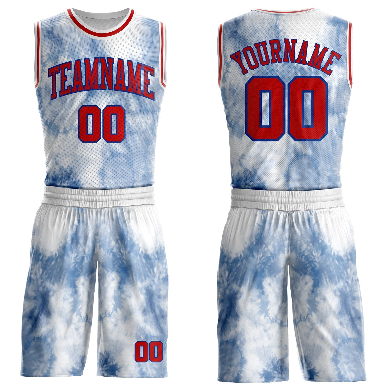 Custom Tie Dye Red Royal-White Watercolor Round Neck Sublimation Basketball Uniform Jersey - Main View