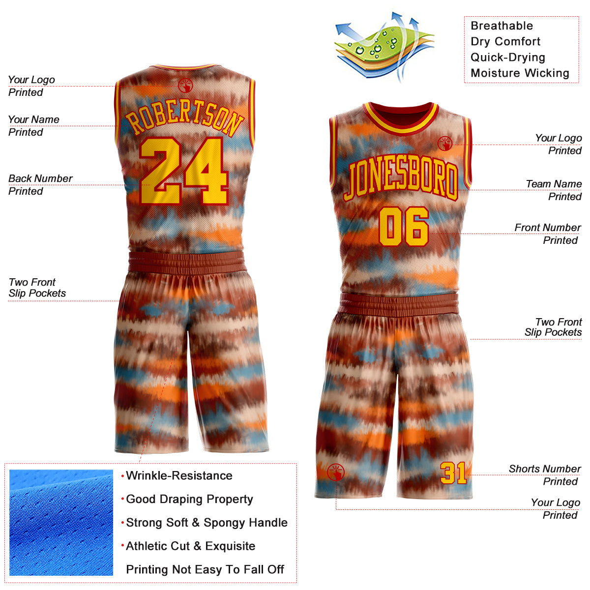 Custom Tie Dye Yellow-Red Watercolor Round Neck Sublimation Basketball Uniform Jersey view 2