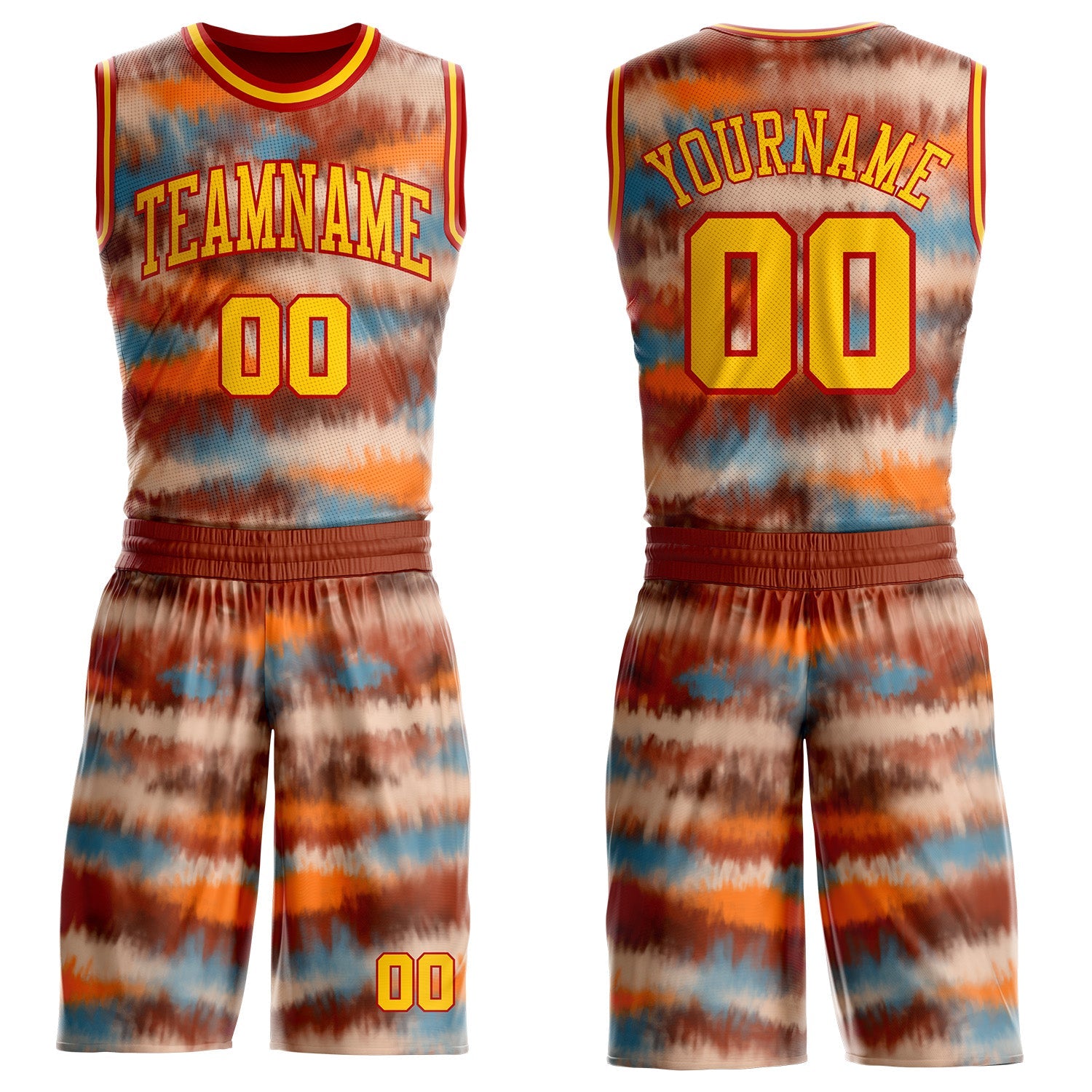 Custom Tie Dye Yellow-Red Watercolor Round Neck Sublimation Basketball Uniform Jersey - Main View