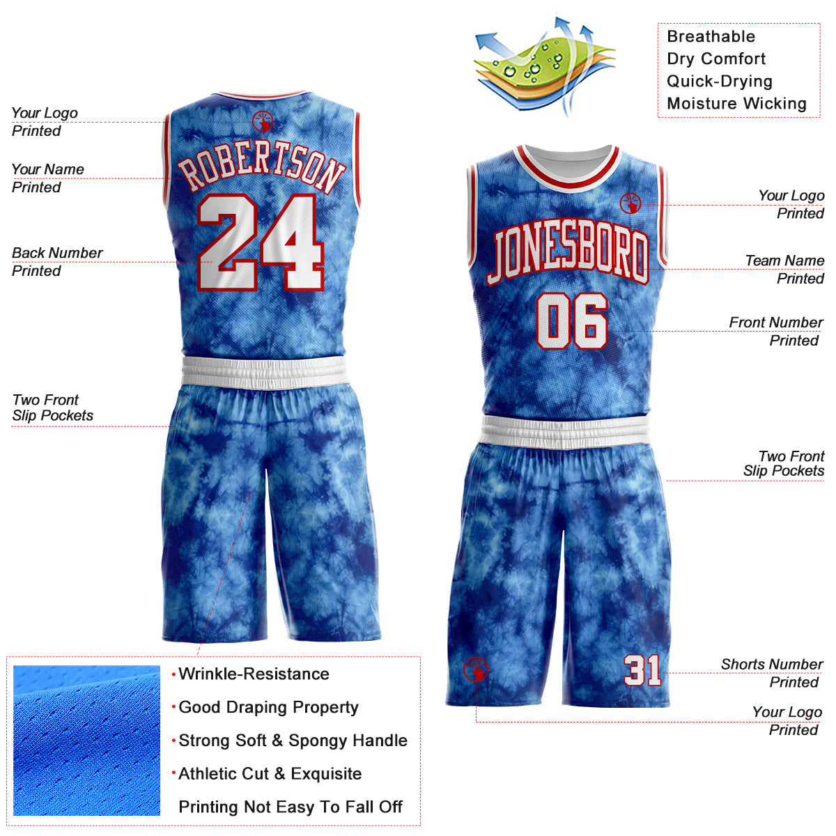 Custom Tie Dye White-Red Watercolor Round Neck Sublimation Basketball Uniform Jersey view 2