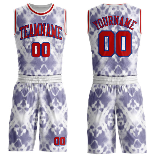 Custom Tie Dye Red Royal-White Watercolor Round Neck Sublimation Basketball Uniform Jersey - Main View