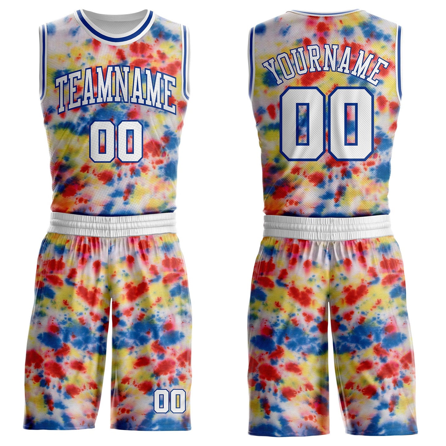 Custom Tie Dye White-Royal Watercolor Round Neck Sublimation Basketball Uniform Jersey - Main View