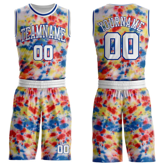 Custom Tie Dye White-Royal Watercolor Round Neck Sublimation Basketball Uniform Jersey - Main View