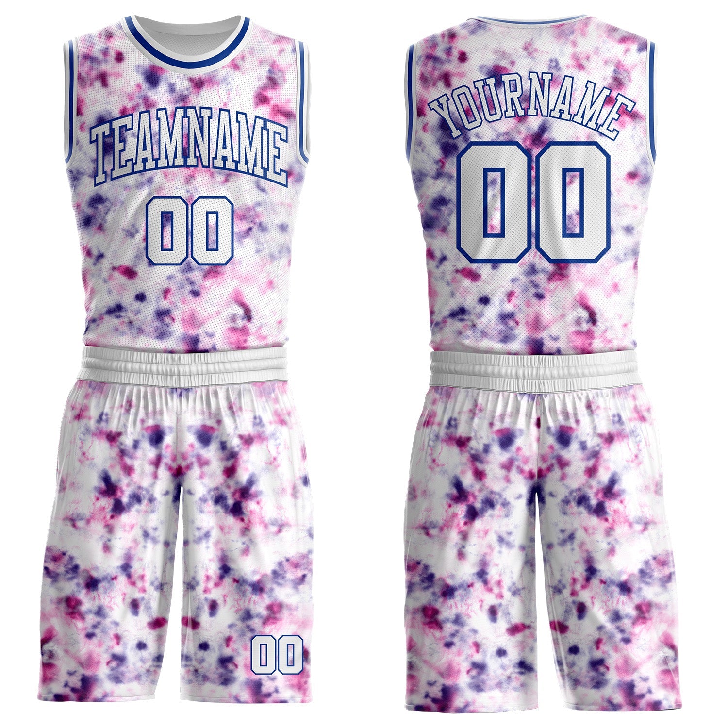 Custom Tie Dye White-Royal Watercolor Round Neck Sublimation Basketball Uniform Jersey - Main View