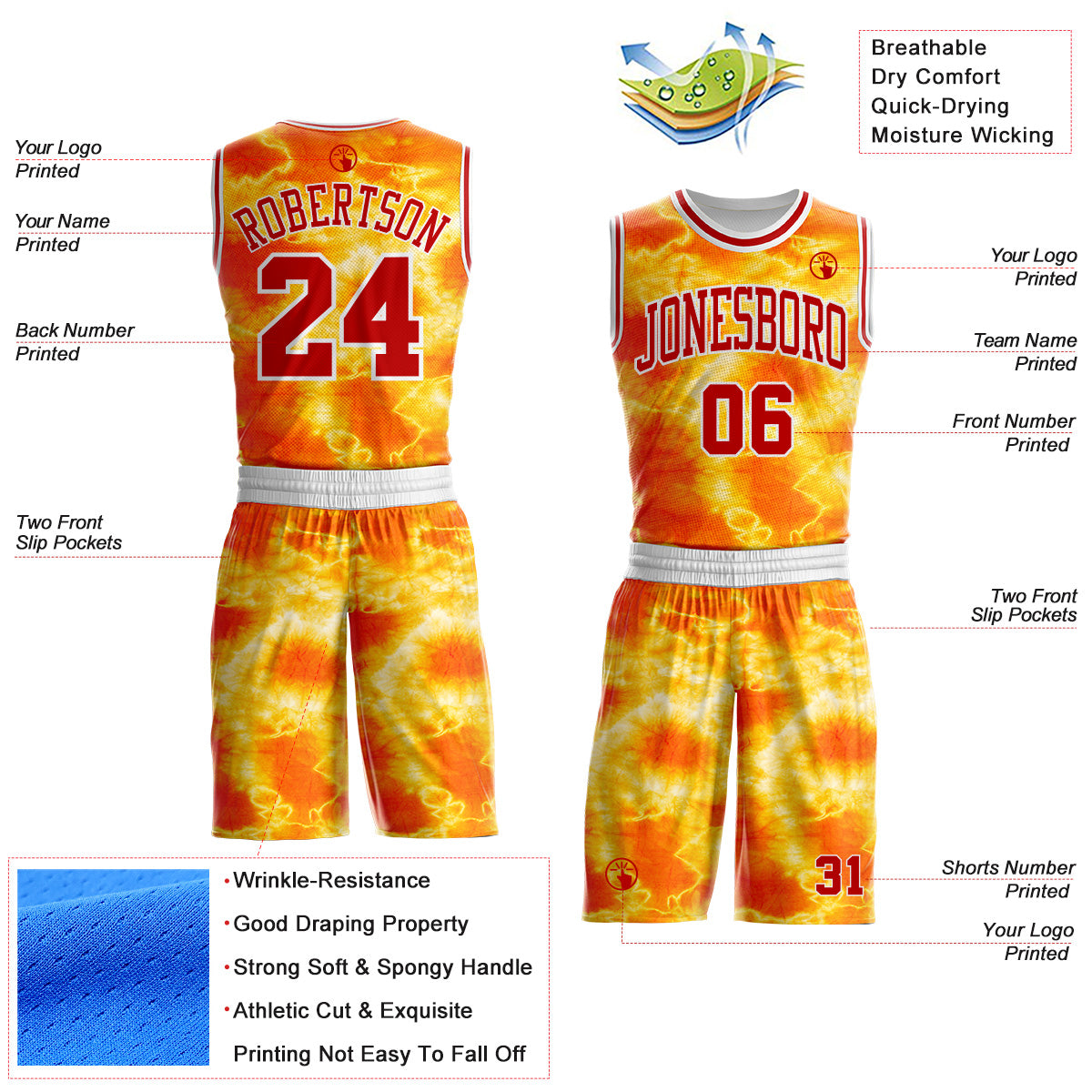 Custom Tie Dye Red-White Watercolor Round Neck Sublimation Basketball Uniform Jersey view 2