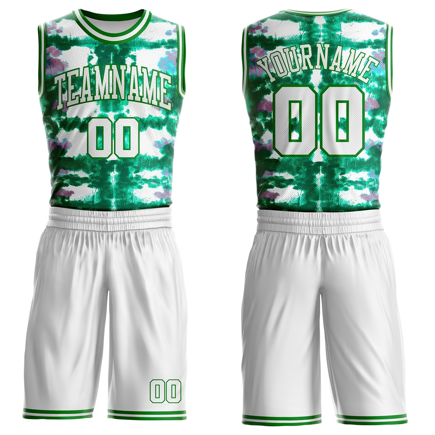 Custom Tie Dye White-Grass Green Watercolor Round Neck Sublimation Basketball Uniform Jersey - Main View
