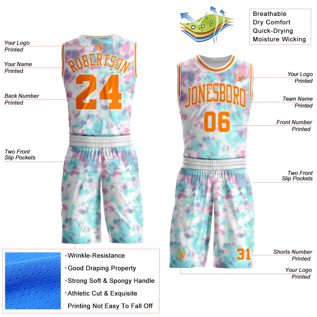 Custom Tie Dye Bay Orange-White Watercolor Round Neck Sublimation Basketball Uniform Jersey view 2