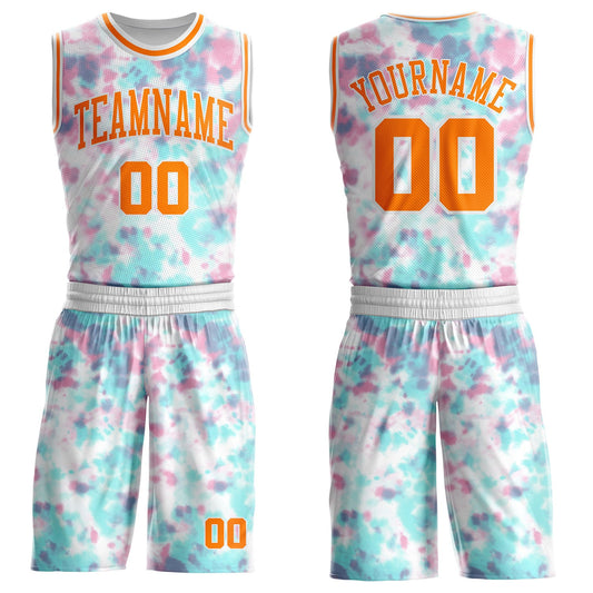 Custom Tie Dye Bay Orange-White Watercolor Round Neck Sublimation Basketball Uniform Jersey - Main View