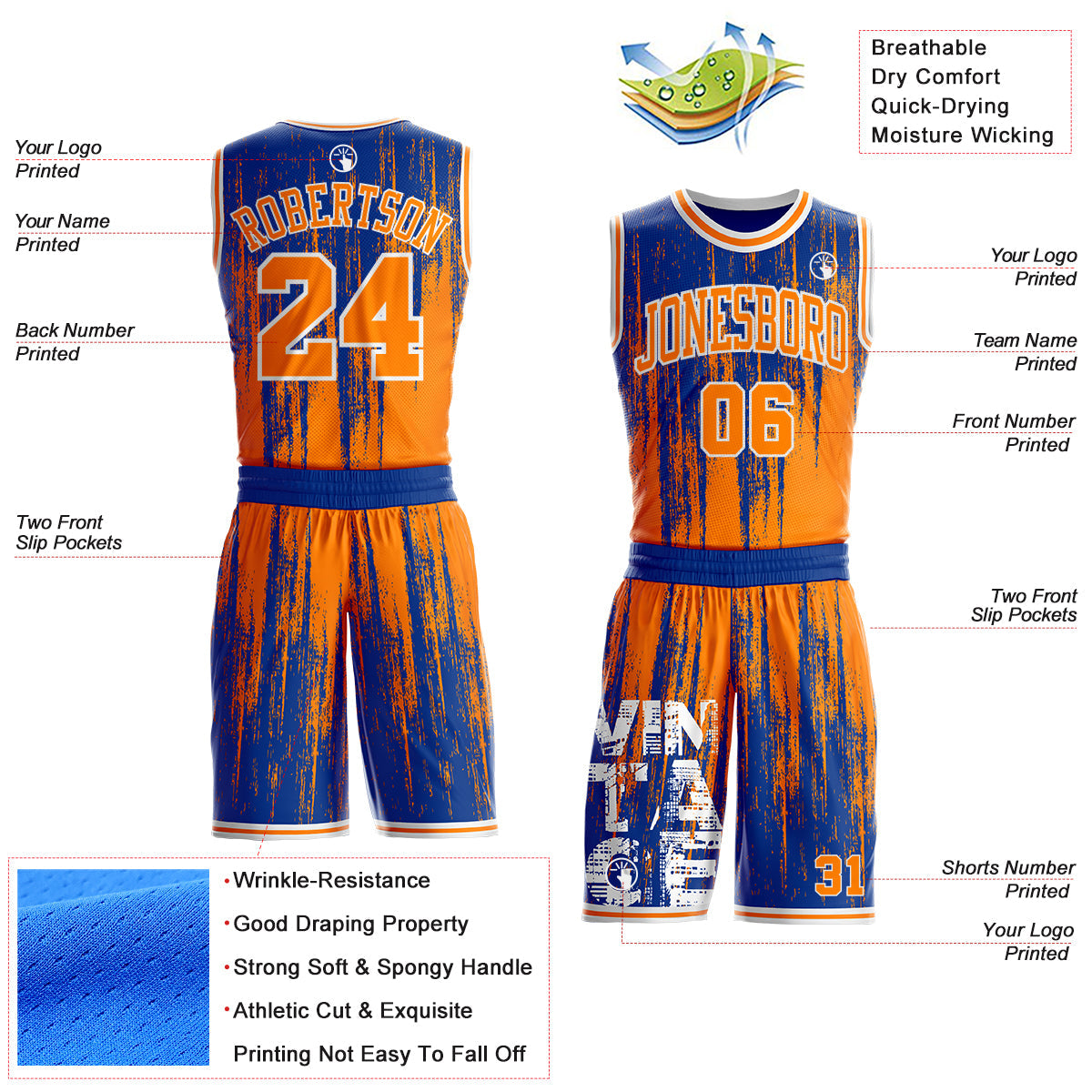 Custom Royal Bay Orange-White Grunge Scratch Round Neck Sublimation Basketball Uniform Jersey view 2