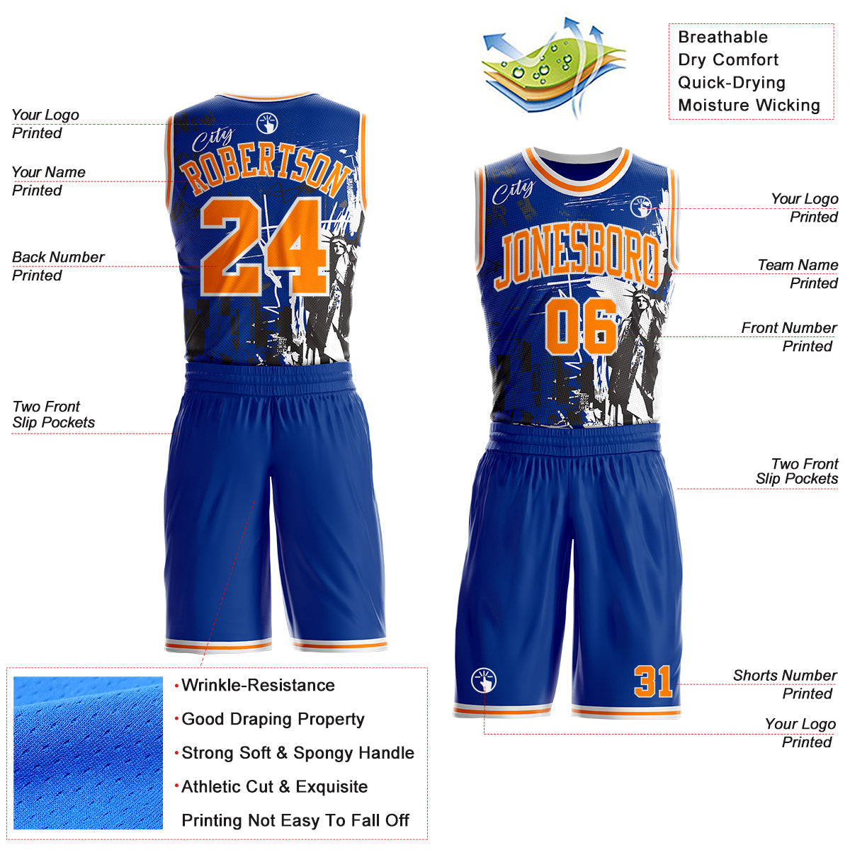 Custom Royal Bay Orange-White New York Statue Of Liberty Round Neck Sublimation Basketball Uniform Jersey view 2