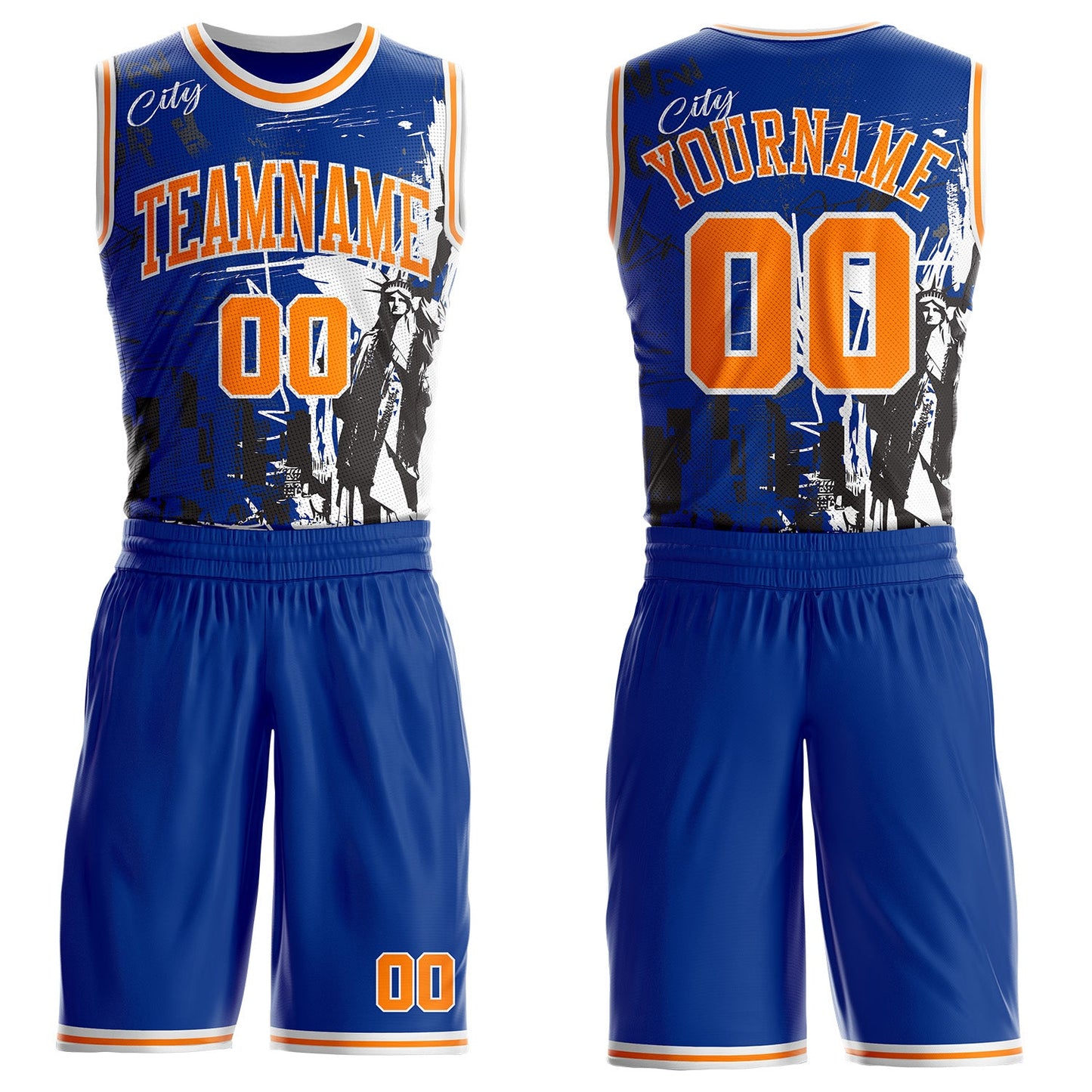 Custom Royal Bay Orange-White New York Statue Of Liberty Round Neck Sublimation Basketball Uniform Jersey - Main View