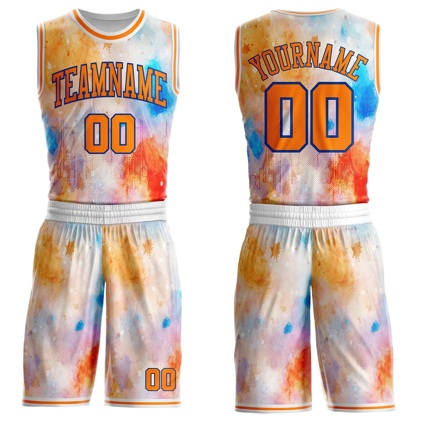 Custom White Bay Orange-Royal New York Splash Watercolor Round Neck Sublimation Basketball Uniform Jersey - Main View