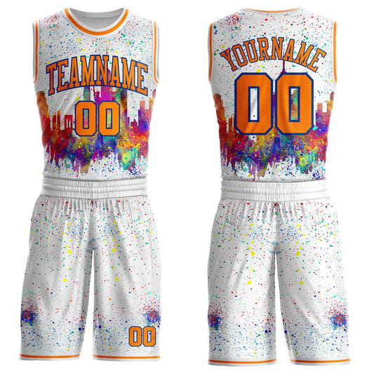 Custom White Bay Orange-Royal New York Silhouette Round Neck Sublimation Basketball Uniform Jersey - Main View
