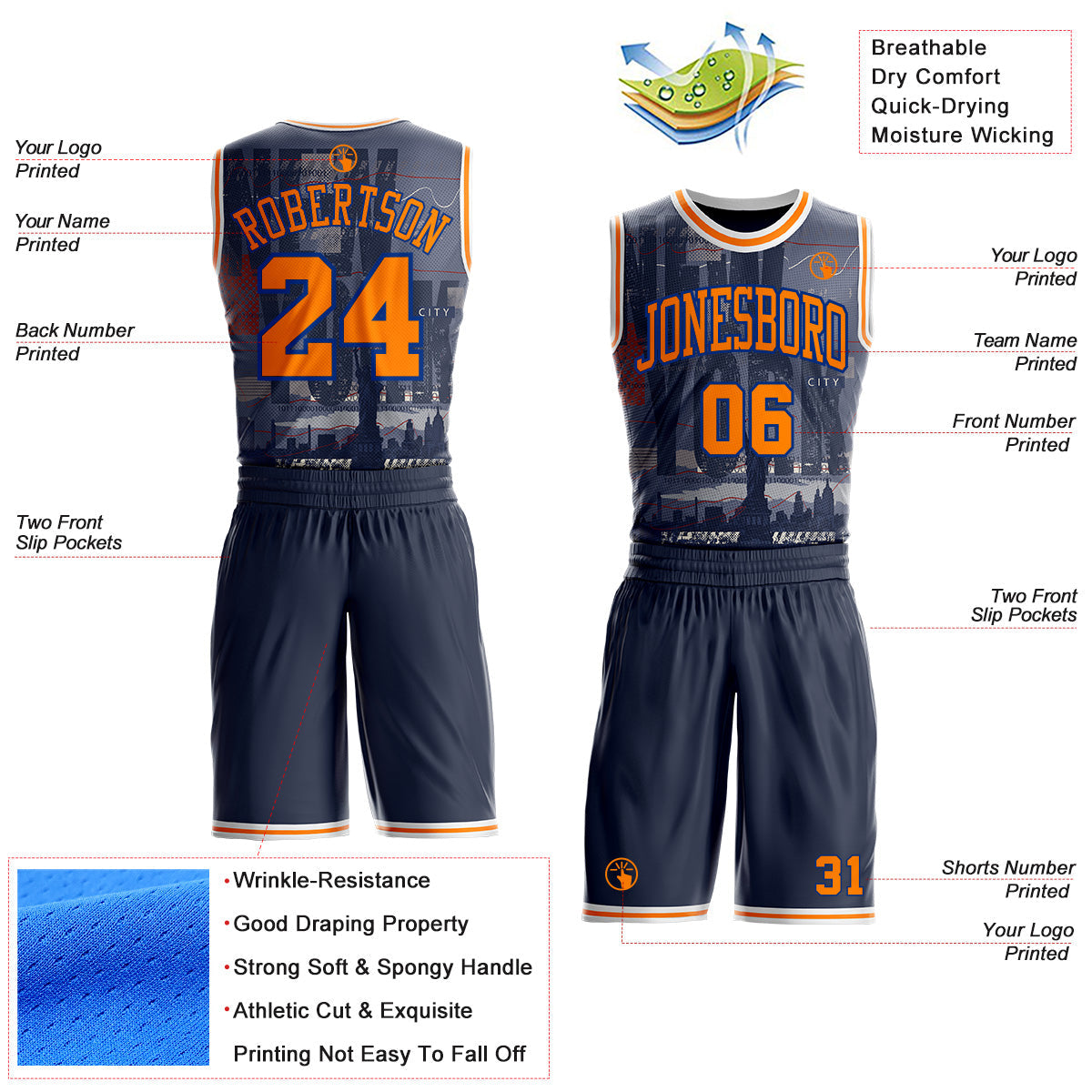 Custom Navy Bay Orange Royal-White New York Statue Of Liberty Round Neck Sublimation Basketball Uniform Jersey view 2