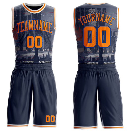 Custom Navy Bay Orange Royal-White New York Statue Of Liberty Round Neck Sublimation Basketball Uniform Jersey - Main View
