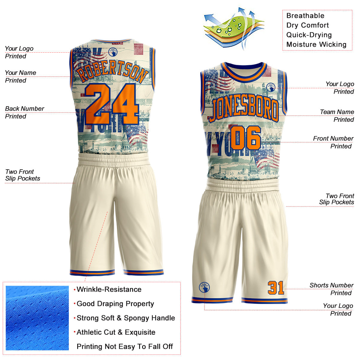 Custom Cream Bay Orange-Royal New York Vintage USA Flag Round Neck Sublimation Basketball Uniform Jersey view 2