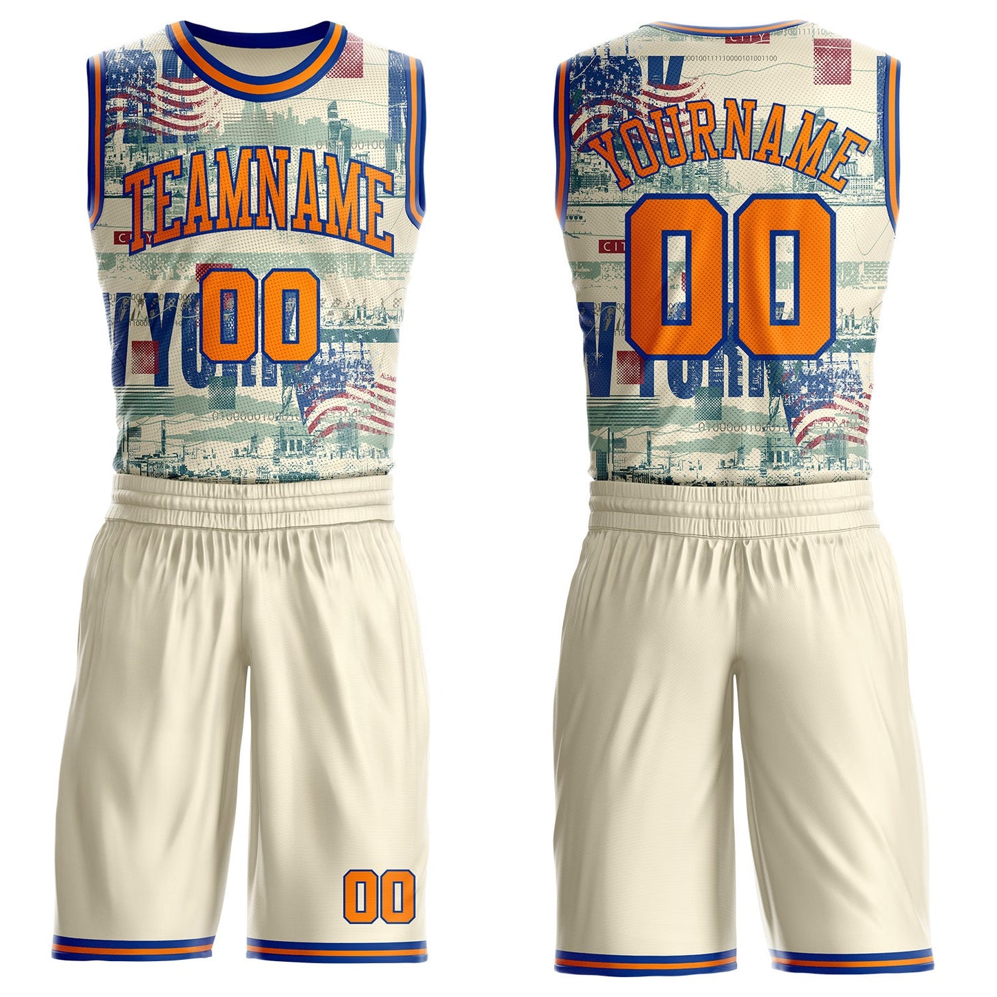 Custom Cream Bay Orange-Royal New York Vintage USA Flag Round Neck Sublimation Basketball Uniform Jersey - Main View