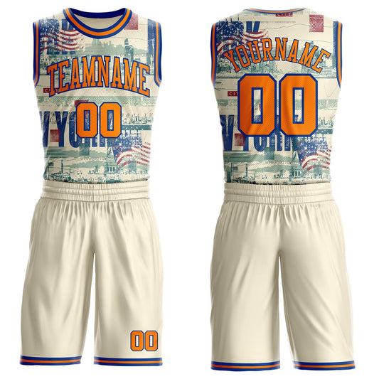 Custom Cream Bay Orange-Royal New York Vintage USA Flag Round Neck Sublimation Basketball Uniform Jersey - Main View