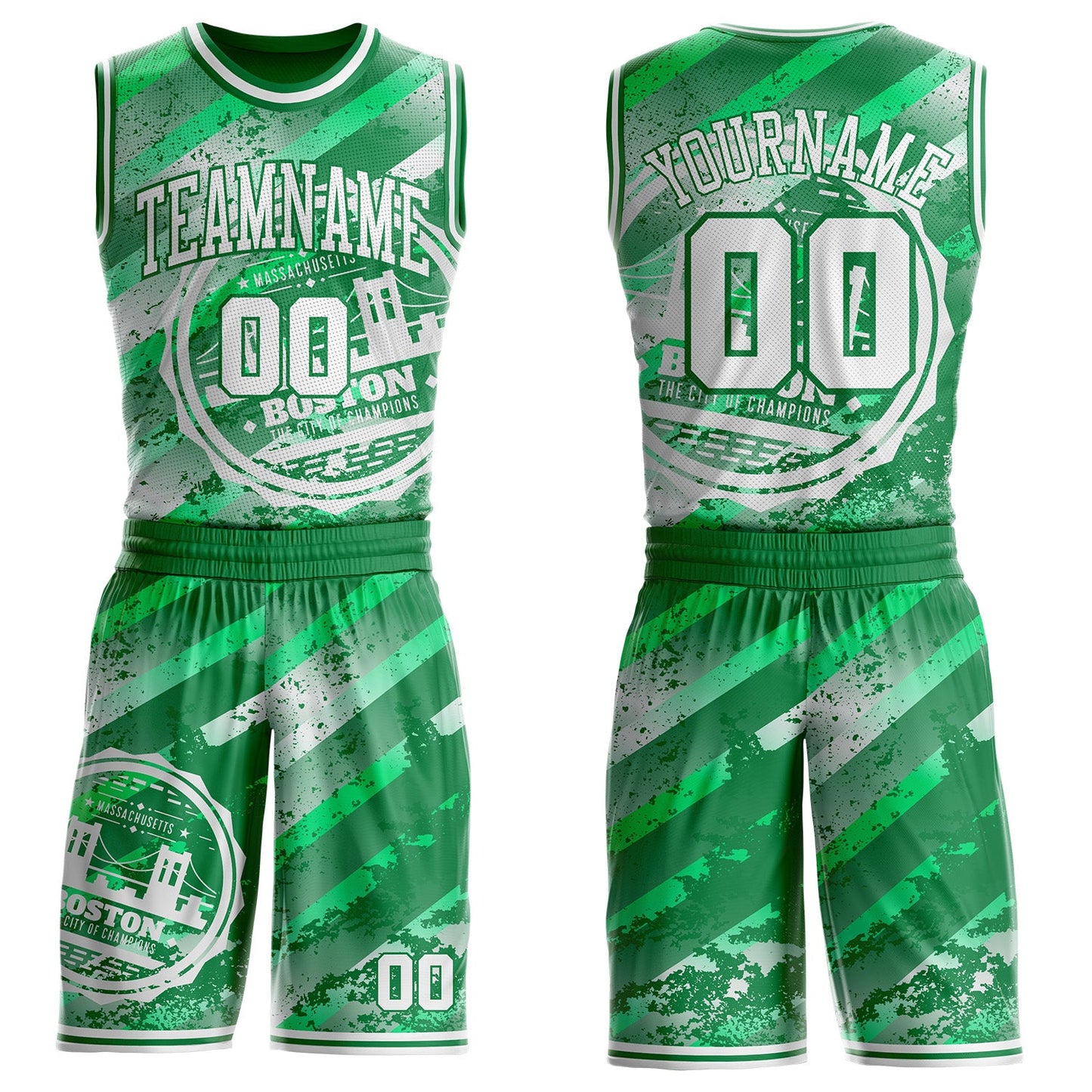 Custom Green-White Boston Victory City Round Neck Sublimation Basketball Uniform Jersey - Main View