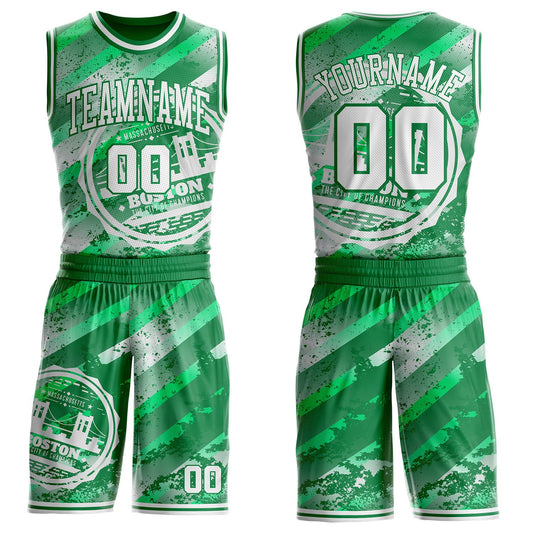 Custom Green-White Boston Victory City Round Neck Sublimation Basketball Uniform Jersey - Main View