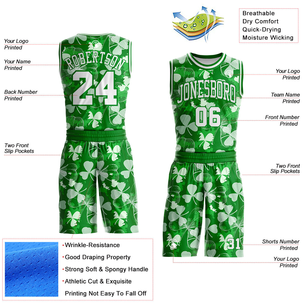 Custom Grass Green-White St. Patrick's Day Shamrock Round Neck Sublimation Basketball Uniform Jersey view 2