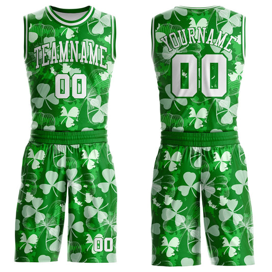 Custom Grass Green-White St. Patrick's Day Shamrock Round Neck Sublimation Basketball Uniform Jersey - Main View