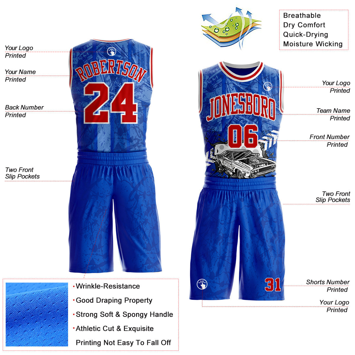 Custom Royal Red-White Detroit Street Racing Car Round Neck Sublimation Basketball Uniform Jersey view 2