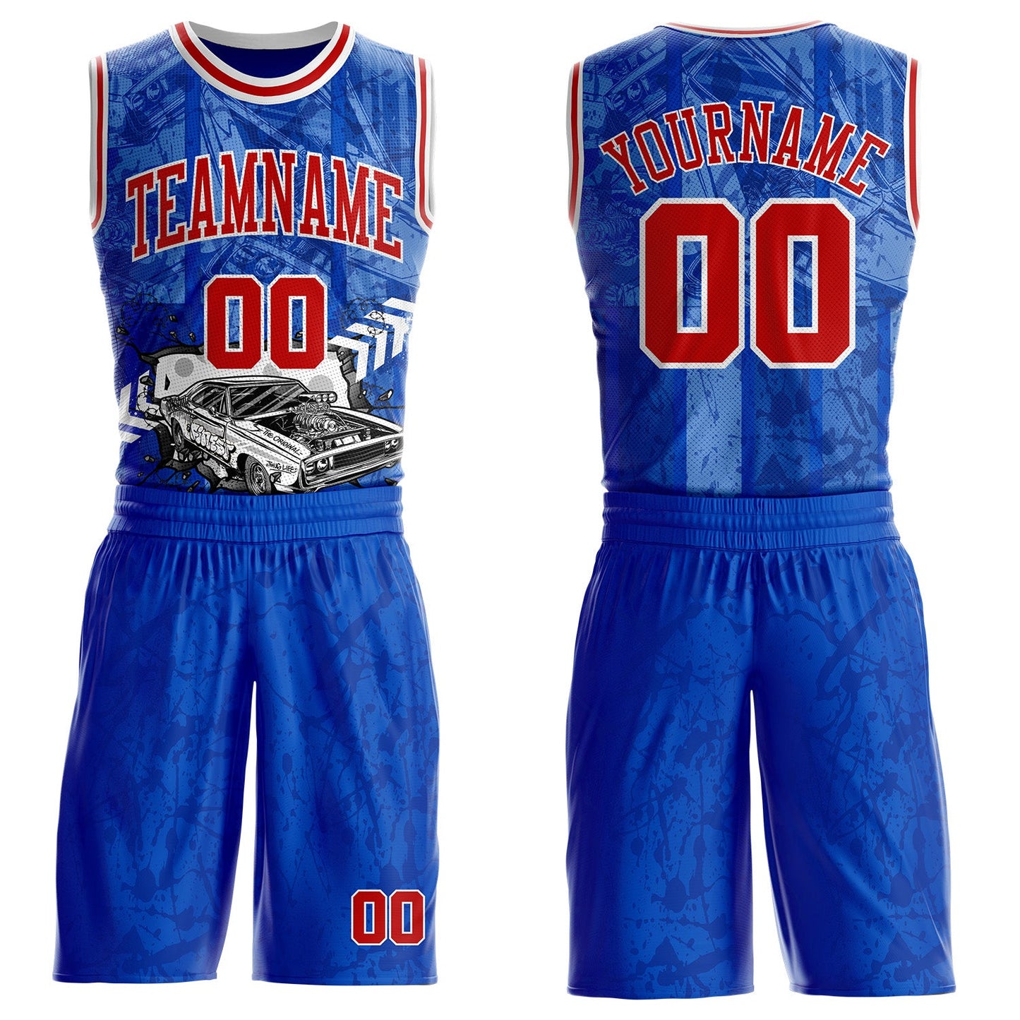 Custom Royal Red-White Detroit Street Racing Car Round Neck Sublimation Basketball Uniform Jersey - Main View