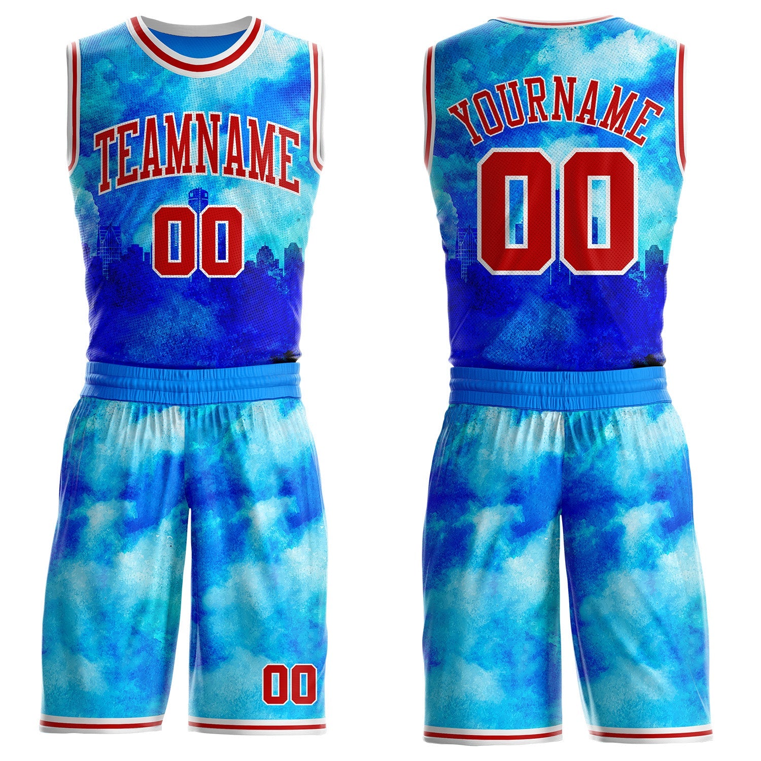 Custom Blue Red-White Detroit Silhouette Splash Watercolor Round Neck Sublimation Basketball Uniform Jersey - Main View