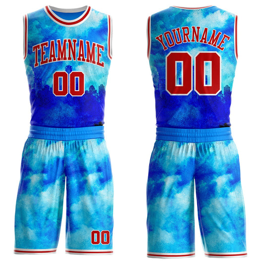 Custom Blue Red-White Detroit Silhouette Splash Watercolor Round Neck Sublimation Basketball Uniform Jersey - Main View