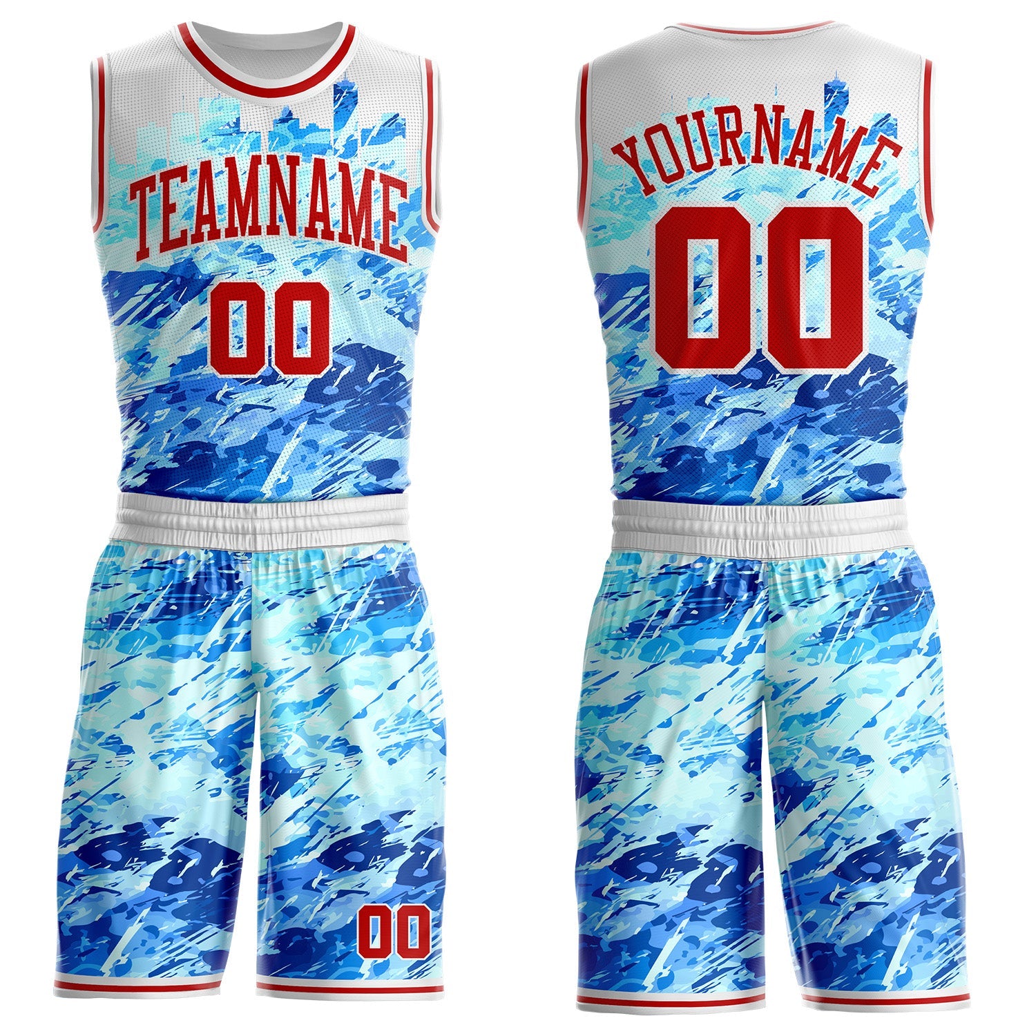 Custom Blue Red-White Detroit Silhouette Splatter Round Neck Sublimation Basketball Uniform Jersey - Main View