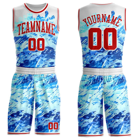 Custom Blue Red-White Detroit Silhouette Splatter Round Neck Sublimation Basketball Uniform Jersey - Main View