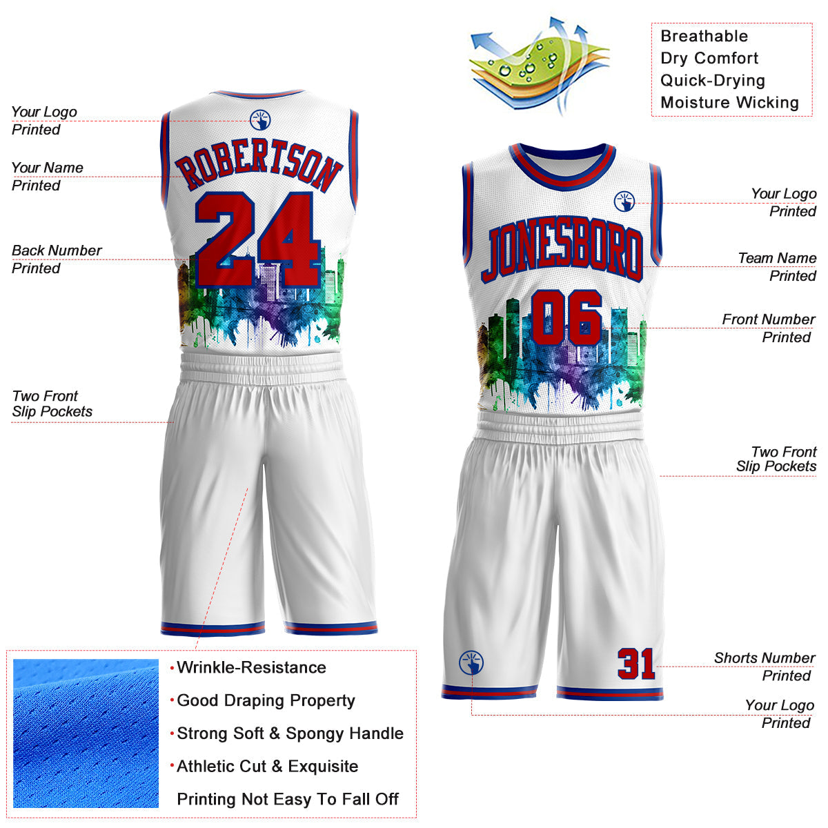 Custom White Red-Royal Detroit Silhouette Splatter Round Neck Sublimation Basketball Uniform Jersey view 2