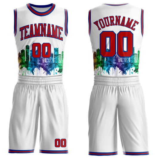 Custom White Red-Royal Detroit Silhouette Splatter Round Neck Sublimation Basketball Uniform Jersey - Main View