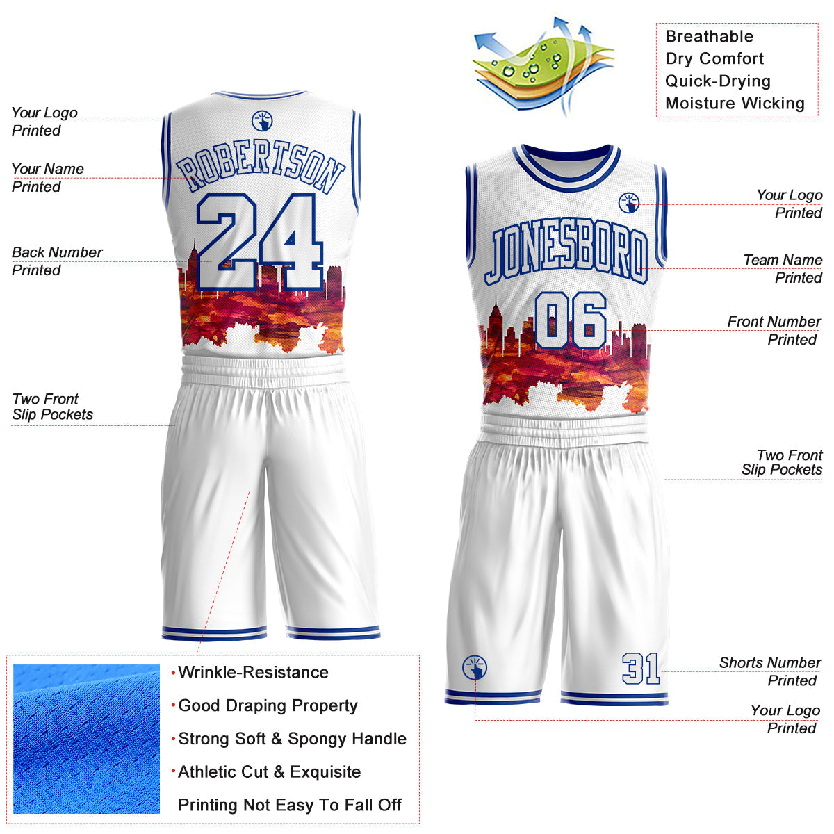 Custom White-Royal Philadelphia Silhouette Round Neck Sublimation Basketball Uniform Jersey view 2