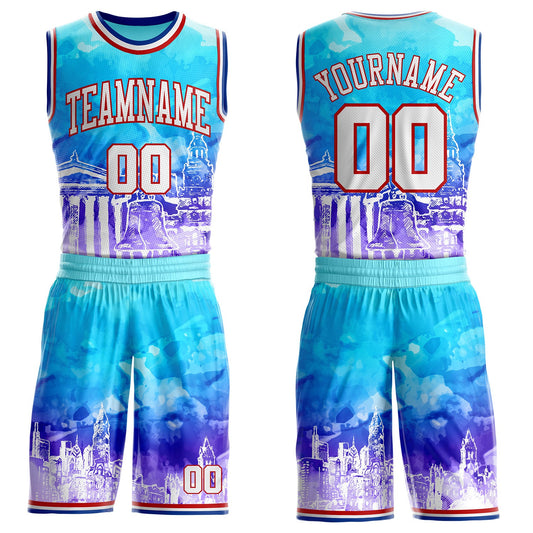 Custom Blue White Red-Royal Philadelphia Liberty Bell Round Neck Sublimation Basketball Uniform Jersey - Main View