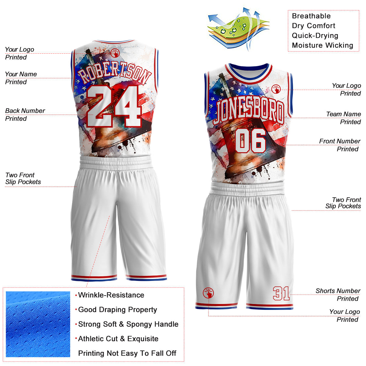 Custom White Red-Royal Philadelphia US Flag Liberty Bell Round Neck Sublimation Basketball Uniform Jersey view 2
