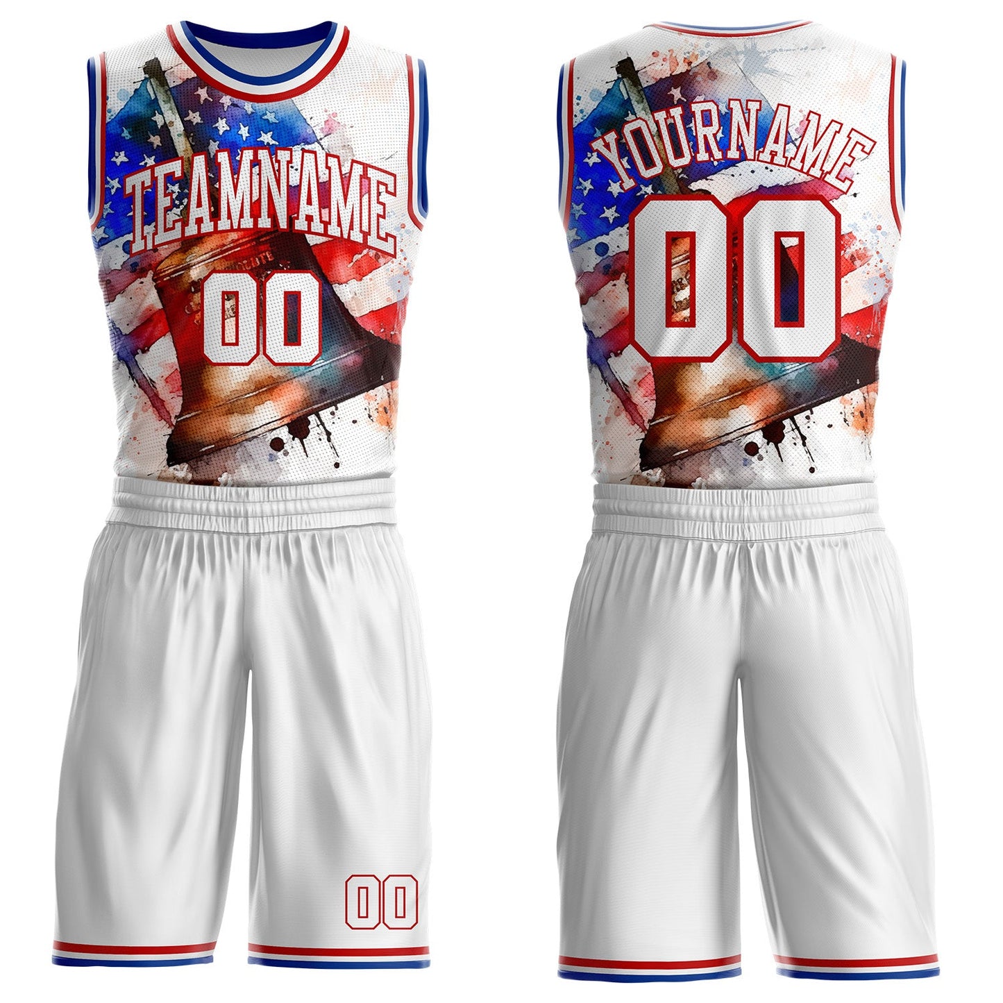 Custom White Red-Royal Philadelphia US Flag Liberty Bell Round Neck Sublimation Basketball Uniform Jersey - Main View