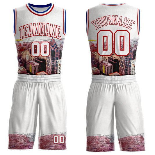 Custom White Red-Royal Philadelphia Silhouette Round Neck Sublimation Basketball Uniform Jersey - Main View