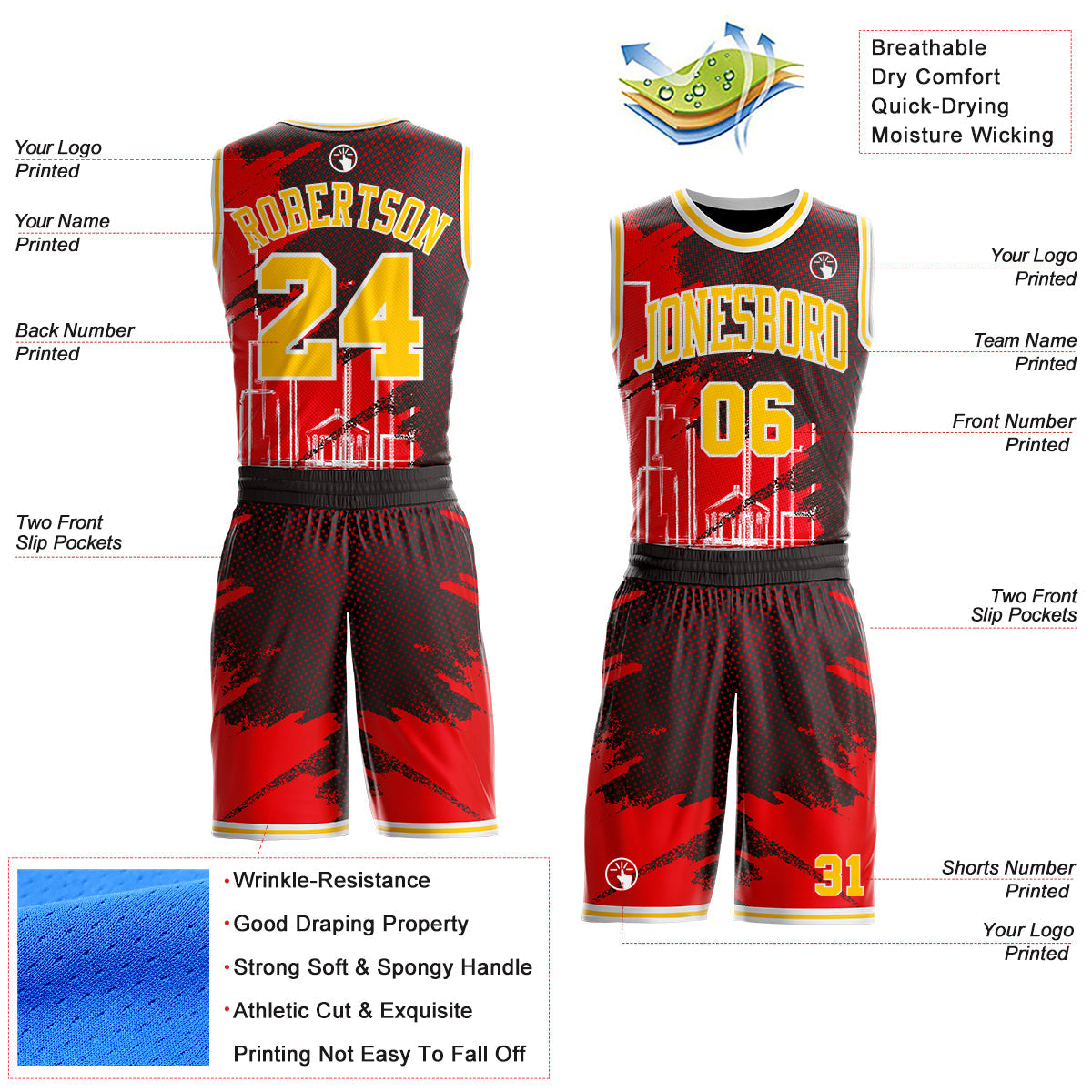 Custom Red Yellow Black-White Atlanta Silhouette Brush Stroke Round Neck Sublimation Basketball Uniform Jersey view 2