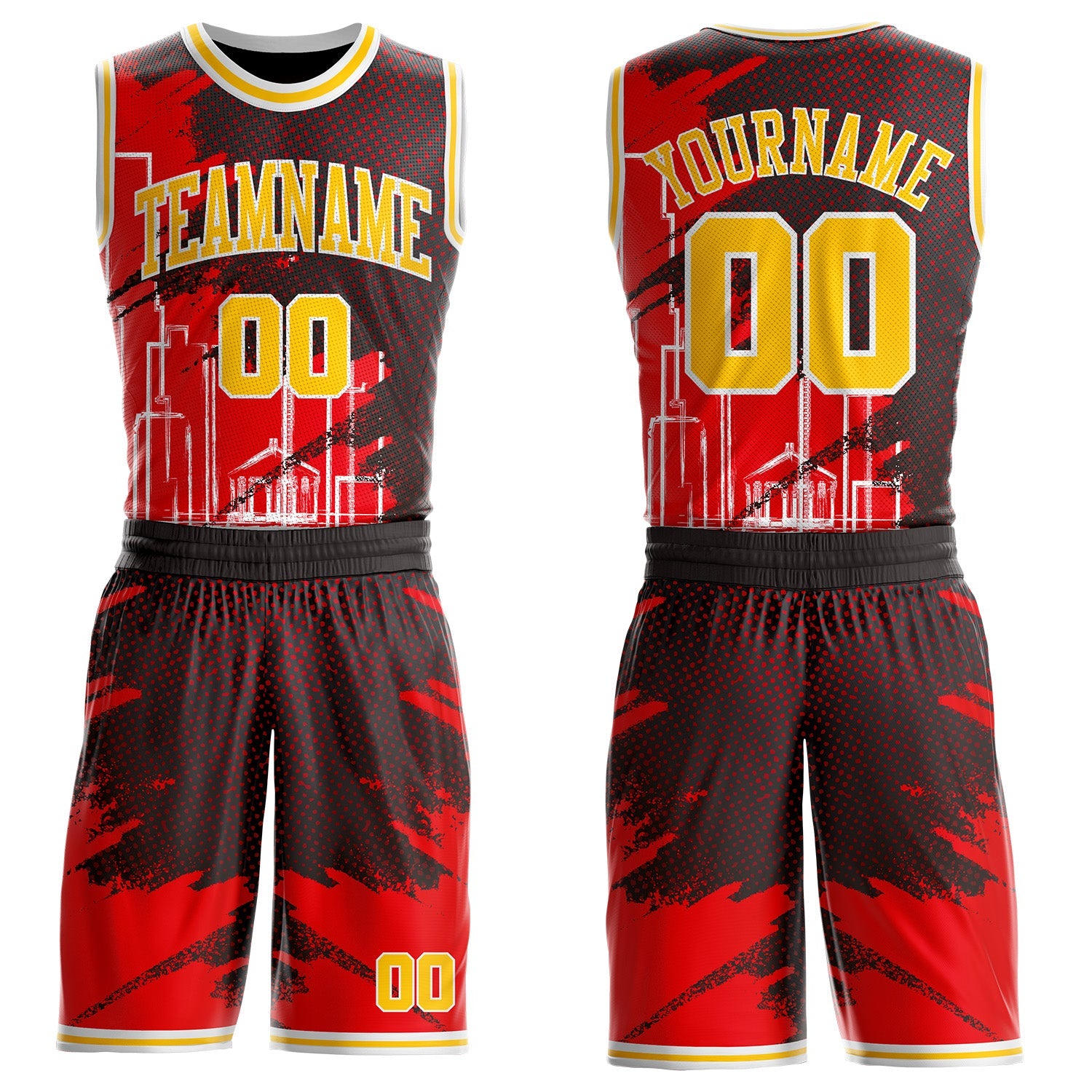 Custom Red Yellow Black-White Atlanta Silhouette Brush Stroke Round Neck Sublimation Basketball Uniform Jersey - Main View