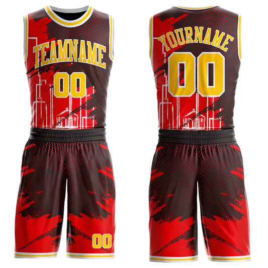 Custom Red Yellow Black-White Atlanta Silhouette Brush Stroke Round Neck Sublimation Basketball Uniform Jersey - Main View