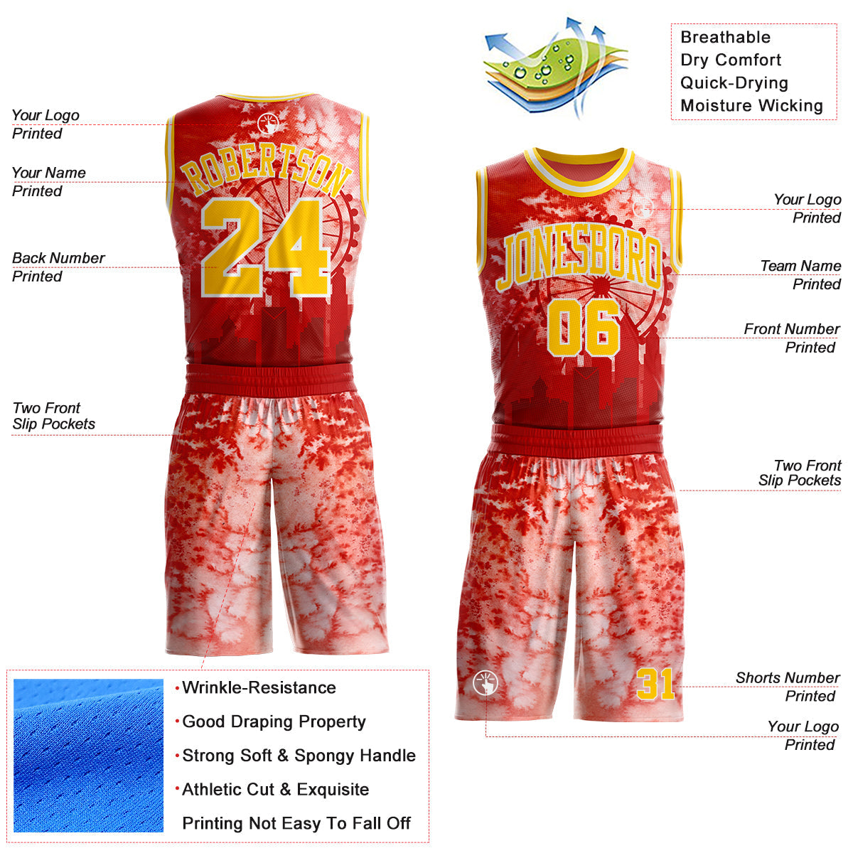 Custom Red Yellow-White Atlanta Silhouette Watercolor Round Neck Sublimation Basketball Uniform Jersey view 2