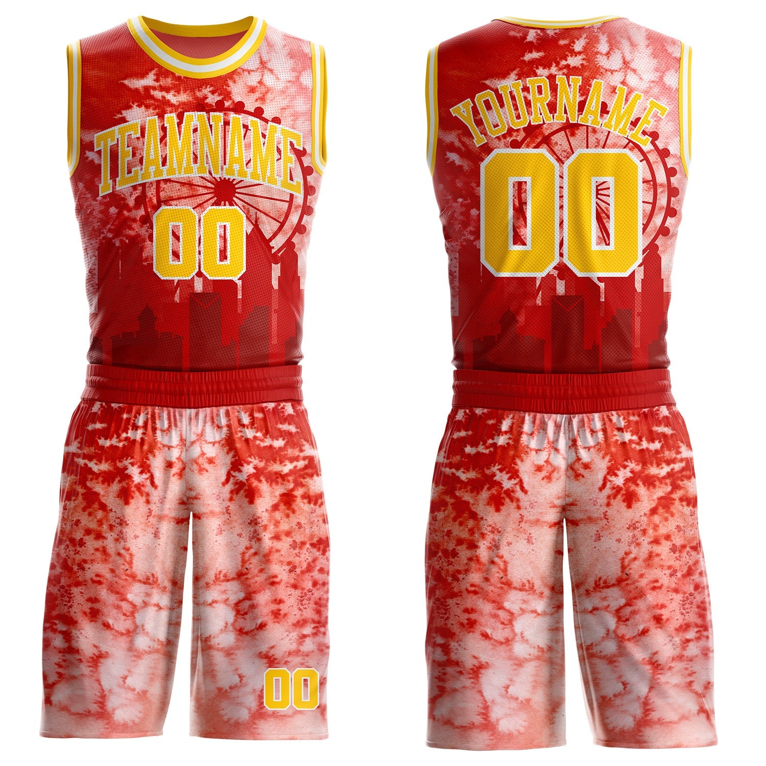 Custom Red Yellow-White Atlanta Silhouette Watercolor Round Neck Sublimation Basketball Uniform Jersey - Main View
