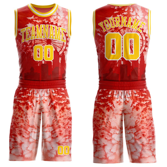 Custom Red Yellow-White Atlanta Silhouette Watercolor Round Neck Sublimation Basketball Uniform Jersey - Main View
